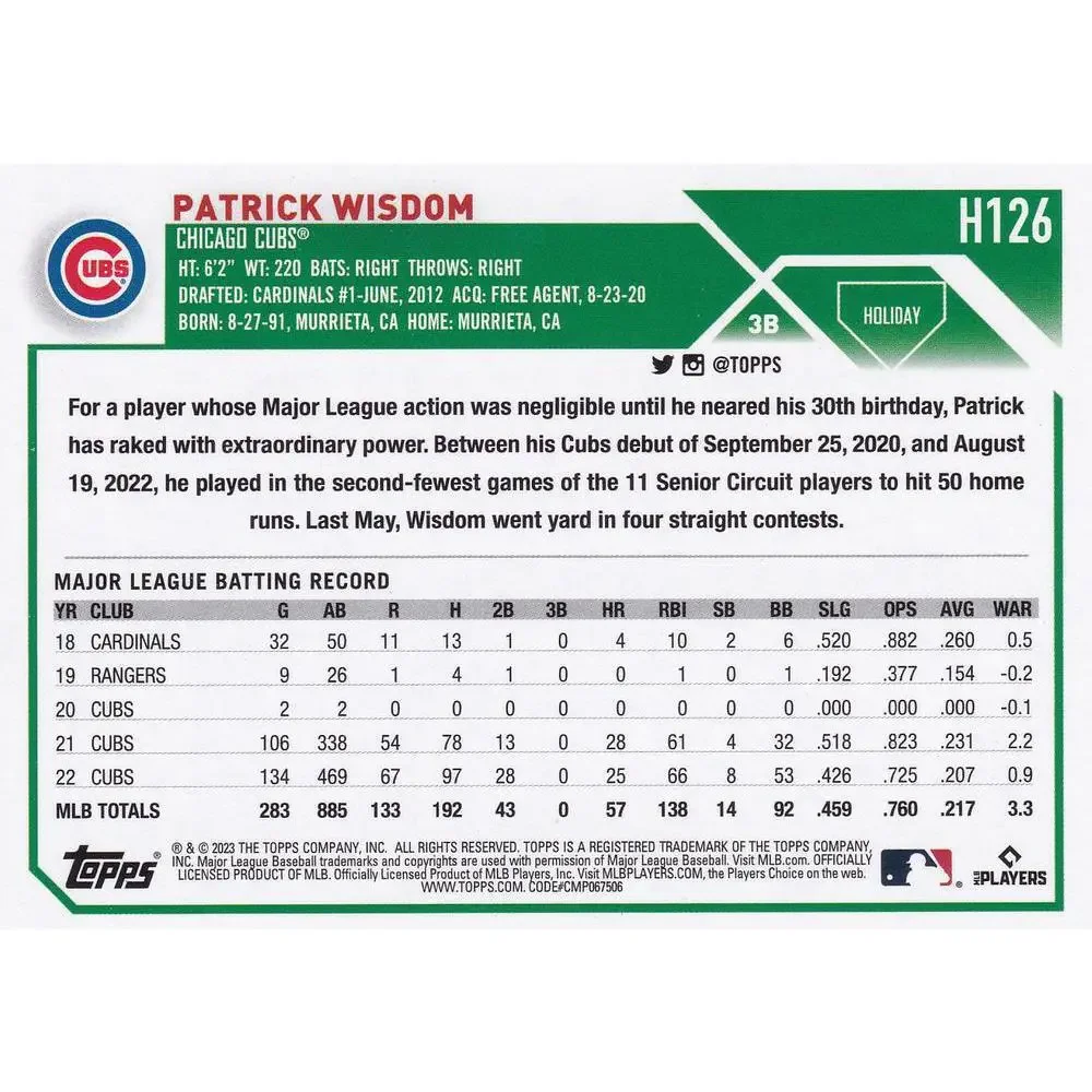 2023 Topps Holiday Patrick Wisdom H126 Chicago Cubs
